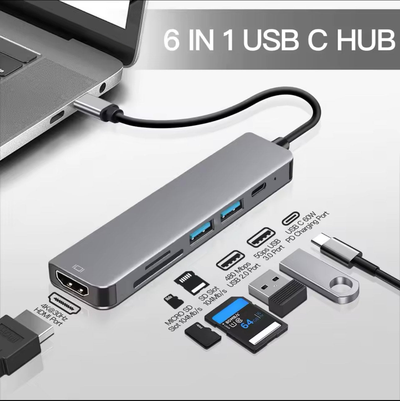 6 Ports USB C Hub to 4K Hdmi-Compatible SD TF Card Reader USB 3.0 2.0 HUB Type C Charging